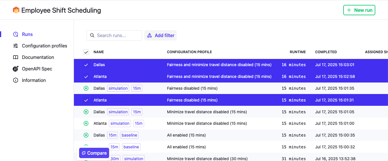 Selecting datasets to start a comparison
